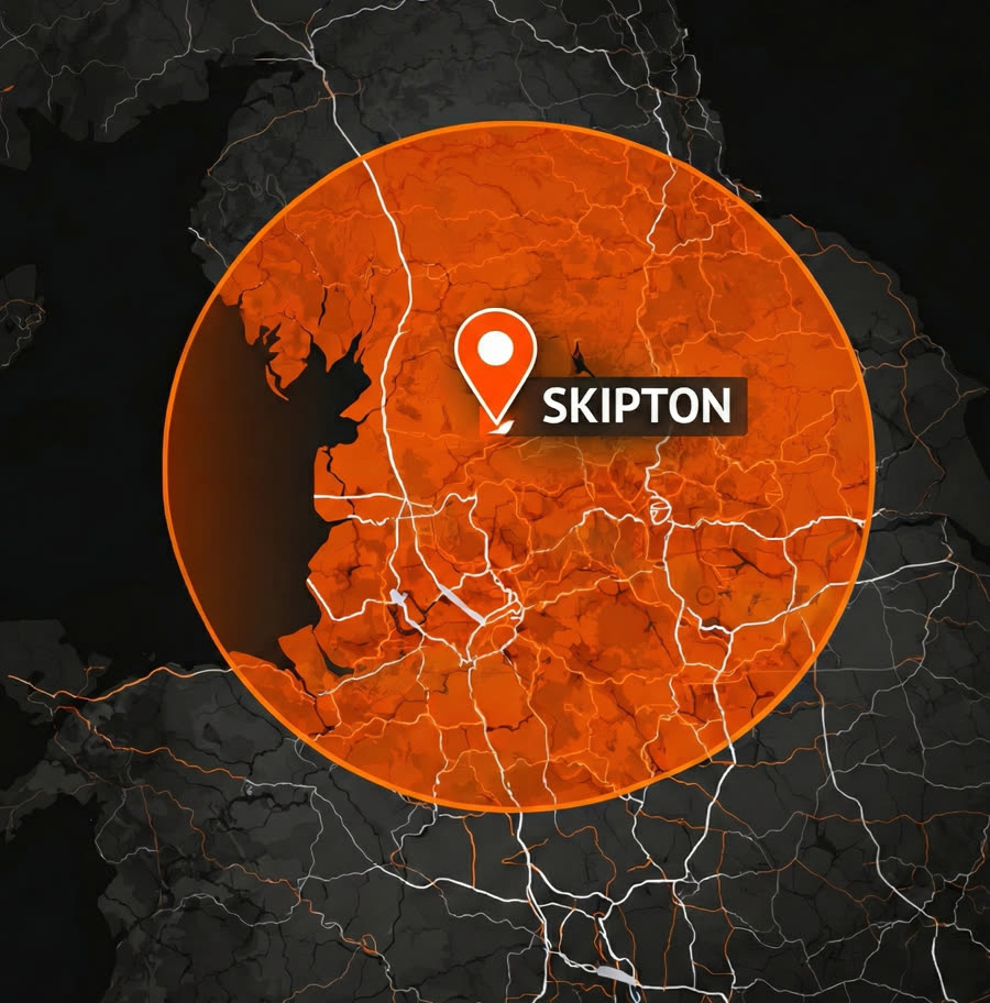 Map showing a 50 mile service radius around Skipton