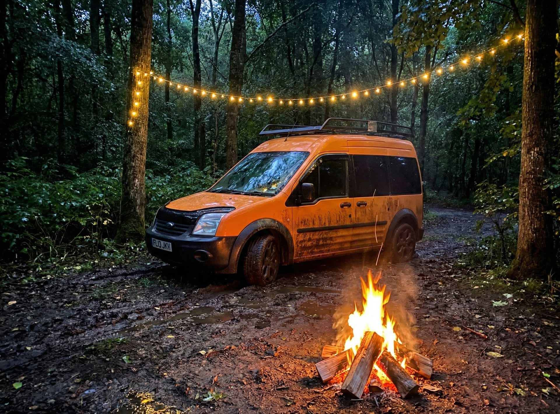 Orange campervan parked in a forest at dusk beside a campfire